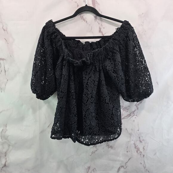 Maeve Shirt Womens XS Black Puff Sleeve Boho Crochet Cover Up Cutwork - Picture 5 of 11